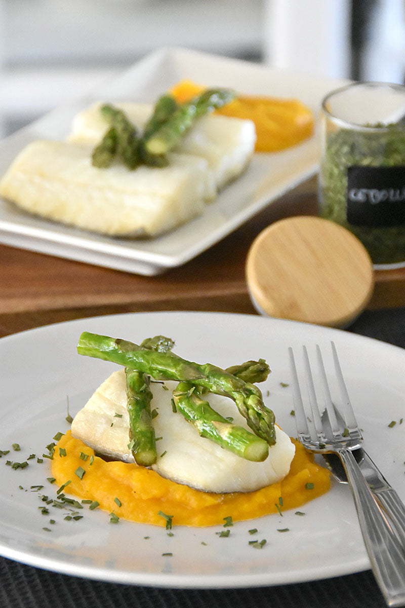 Bacalao confitado con puré de calabaza
