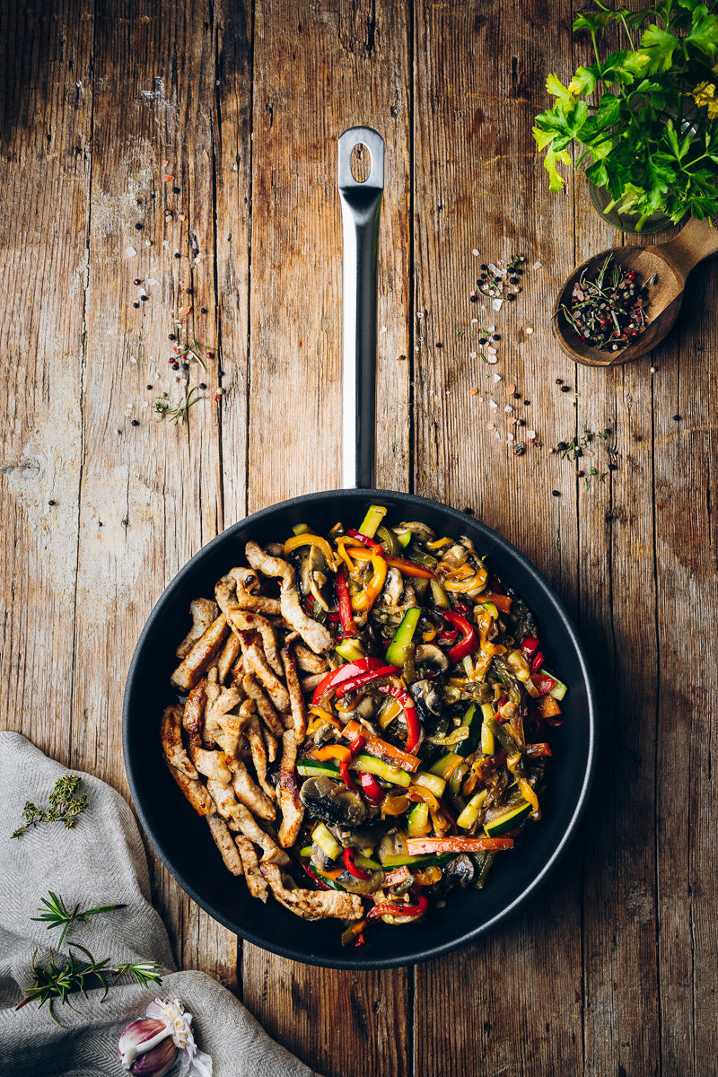 Salteado de verduras con lomo de cerdo