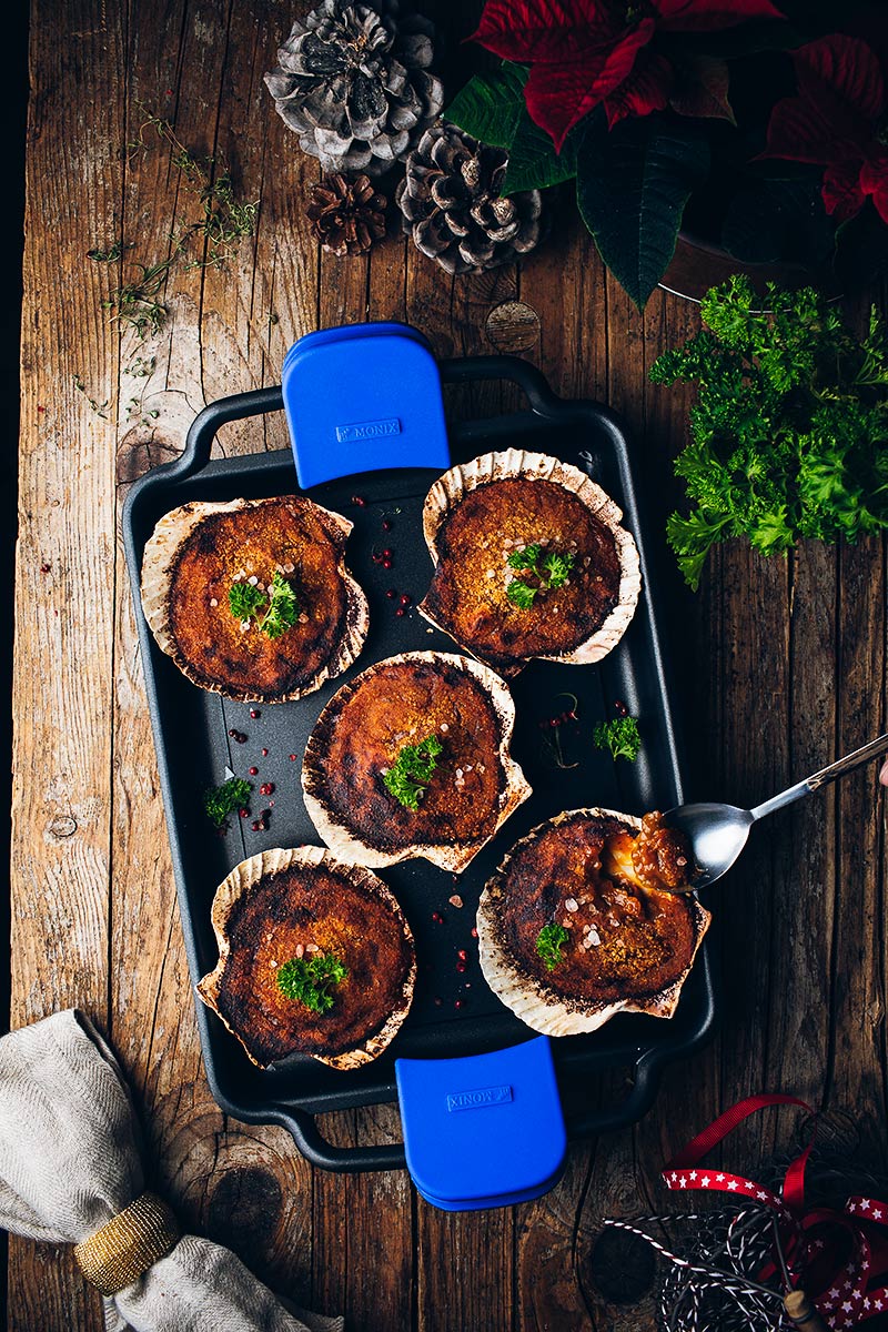 Vieiras con gambas gratinadas
