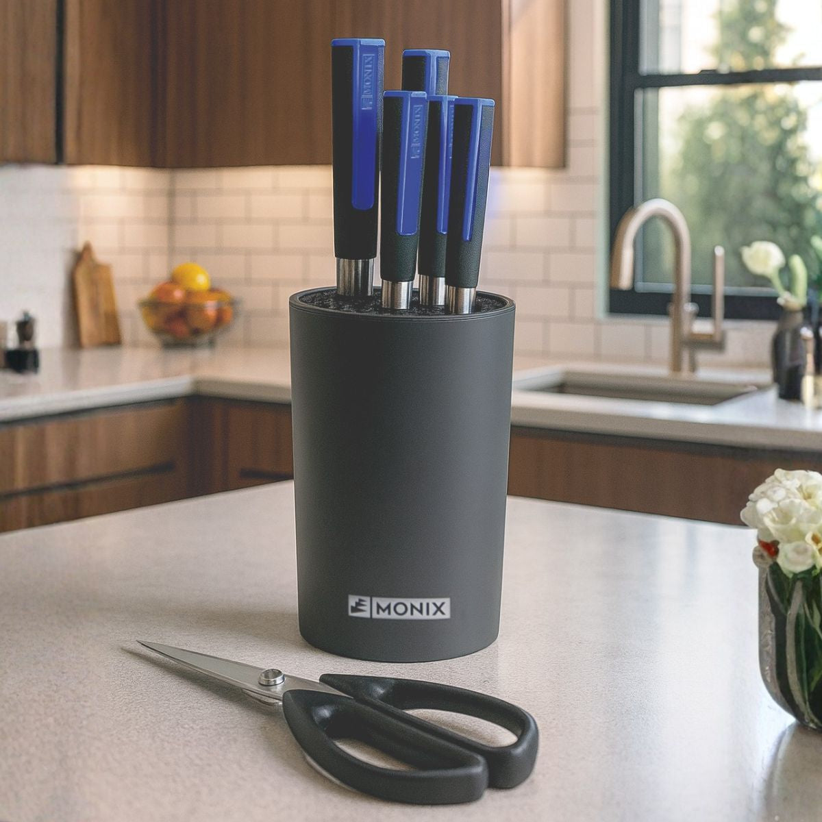 Set 6 piezas: tacoma organizadora, cuchillos Santoku y tijeras Solid Pro