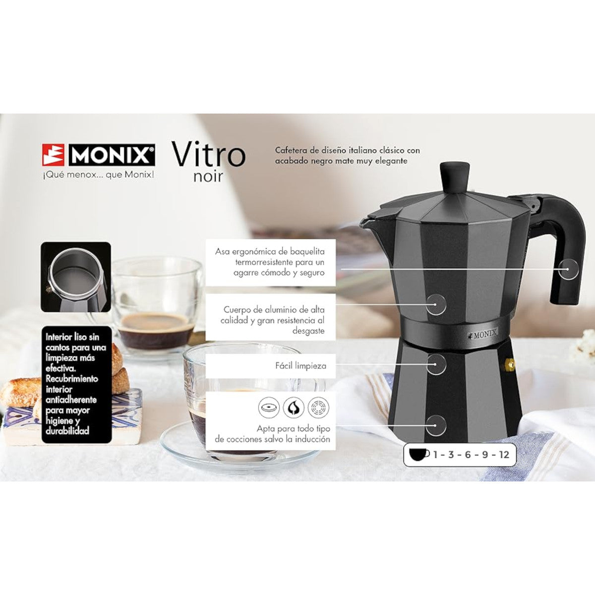 Monix Vitro Noir – Cafetera Italiana de Aluminio, Capacidad 3 Tazas, Apta  para Todo Tipo de cocinas Salvo inducción : : Hogar y cocina